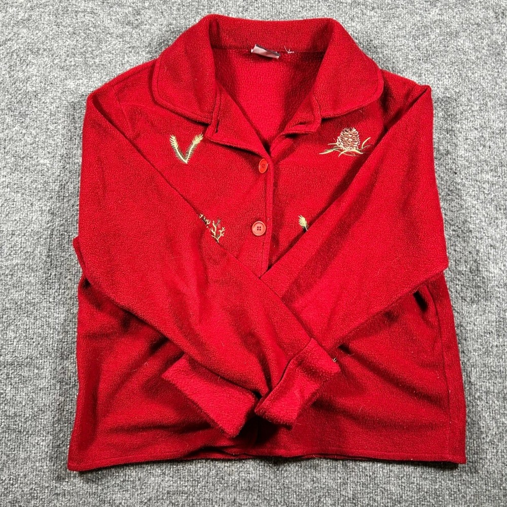 Cignal Sport Fleece Jacket Womens Size M Red Embroidered Pinecone Holiday Cozy